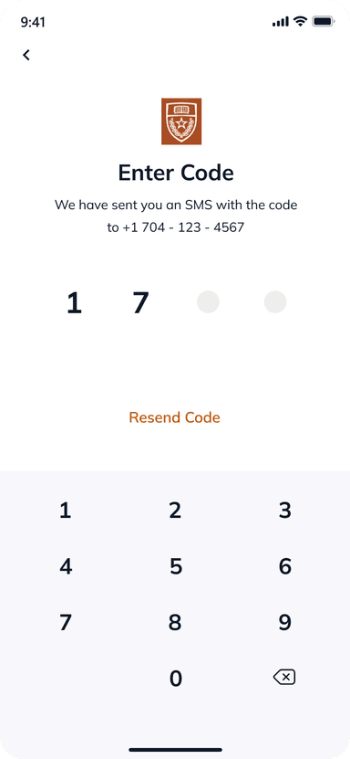SMS code verification screen